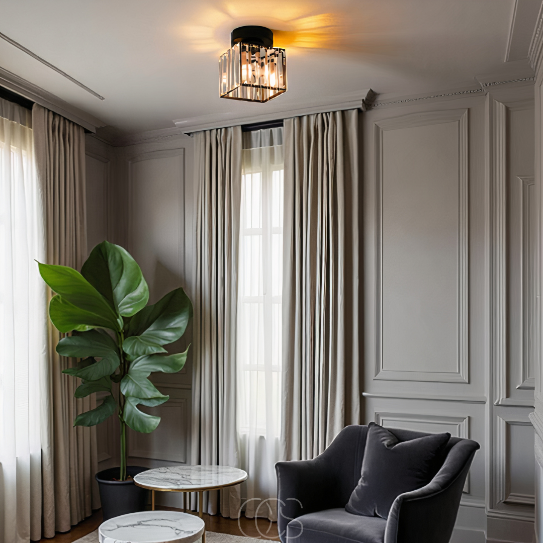 Nievk - Crystal ceiling lamp - Black Metal & K9 Crystal flush mount
