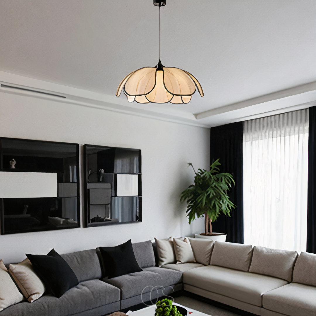 Nievk - Flower-shaped Rattan Pendant Lamp with Black Accents
