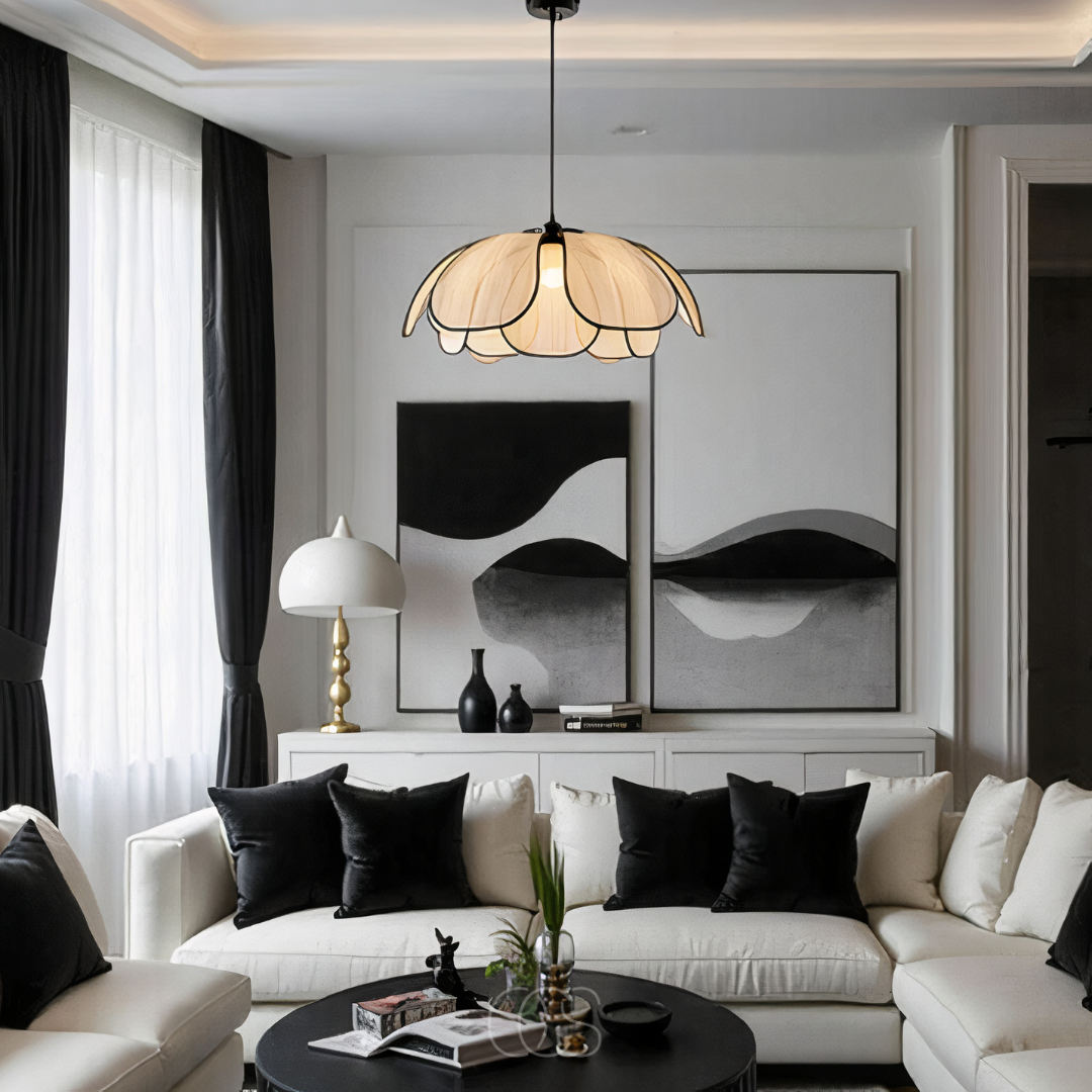 Nievk - Flower-shaped Rattan Pendant Lamp with Black Accents