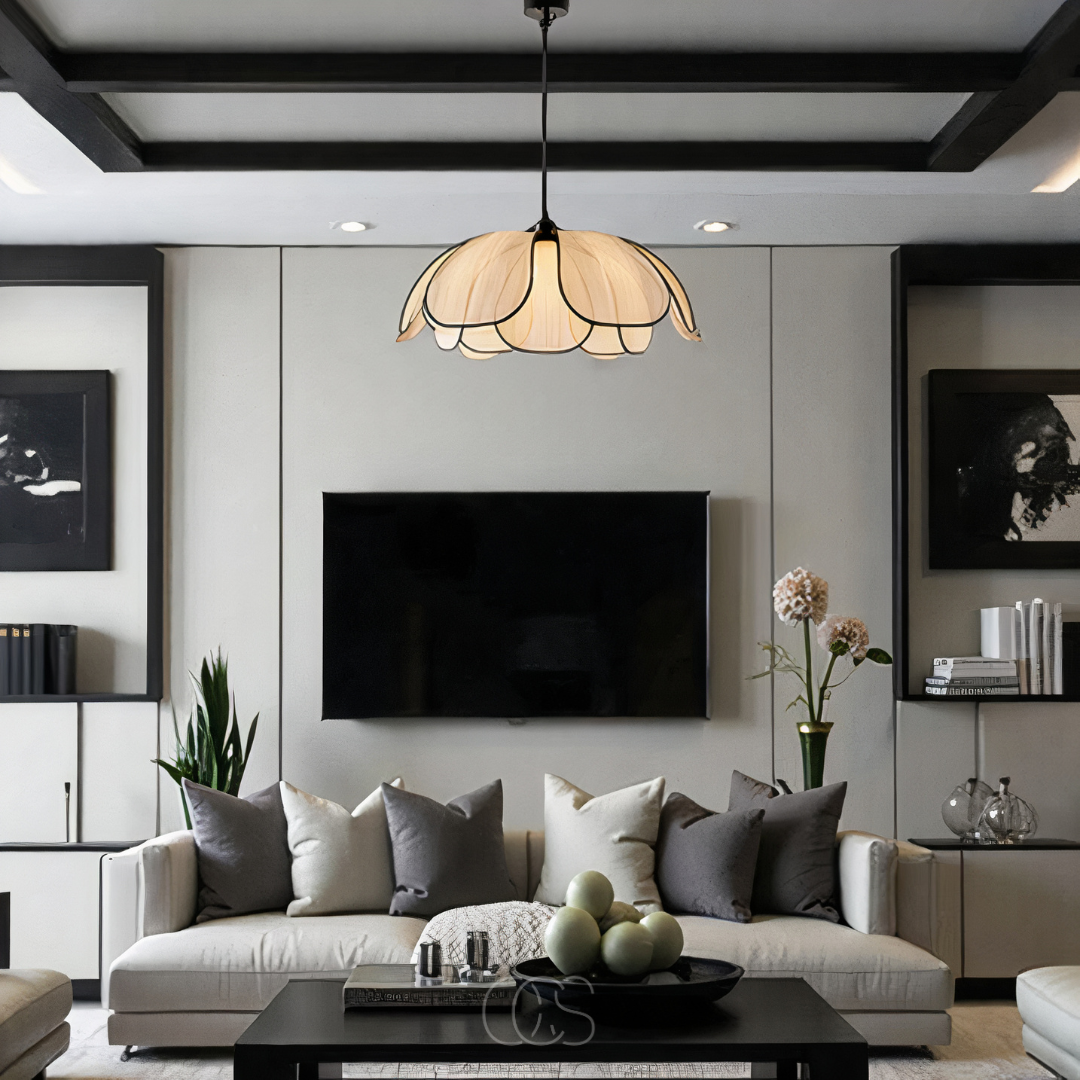 Nievk - Flower-shaped Rattan Pendant Lamp with Black Accents